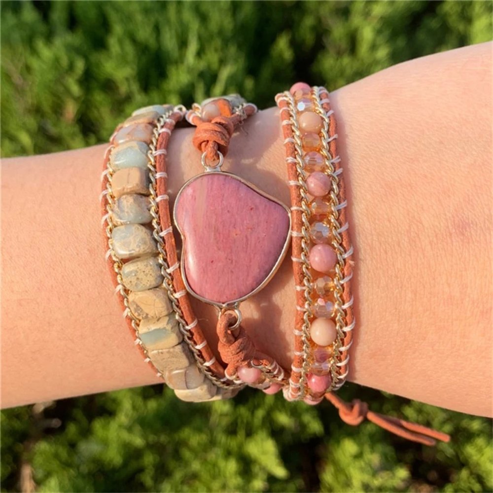 Rhodonite Women Braided Wrap Handmade Healing Reiki Bohemian Bracelet Xmas Gift